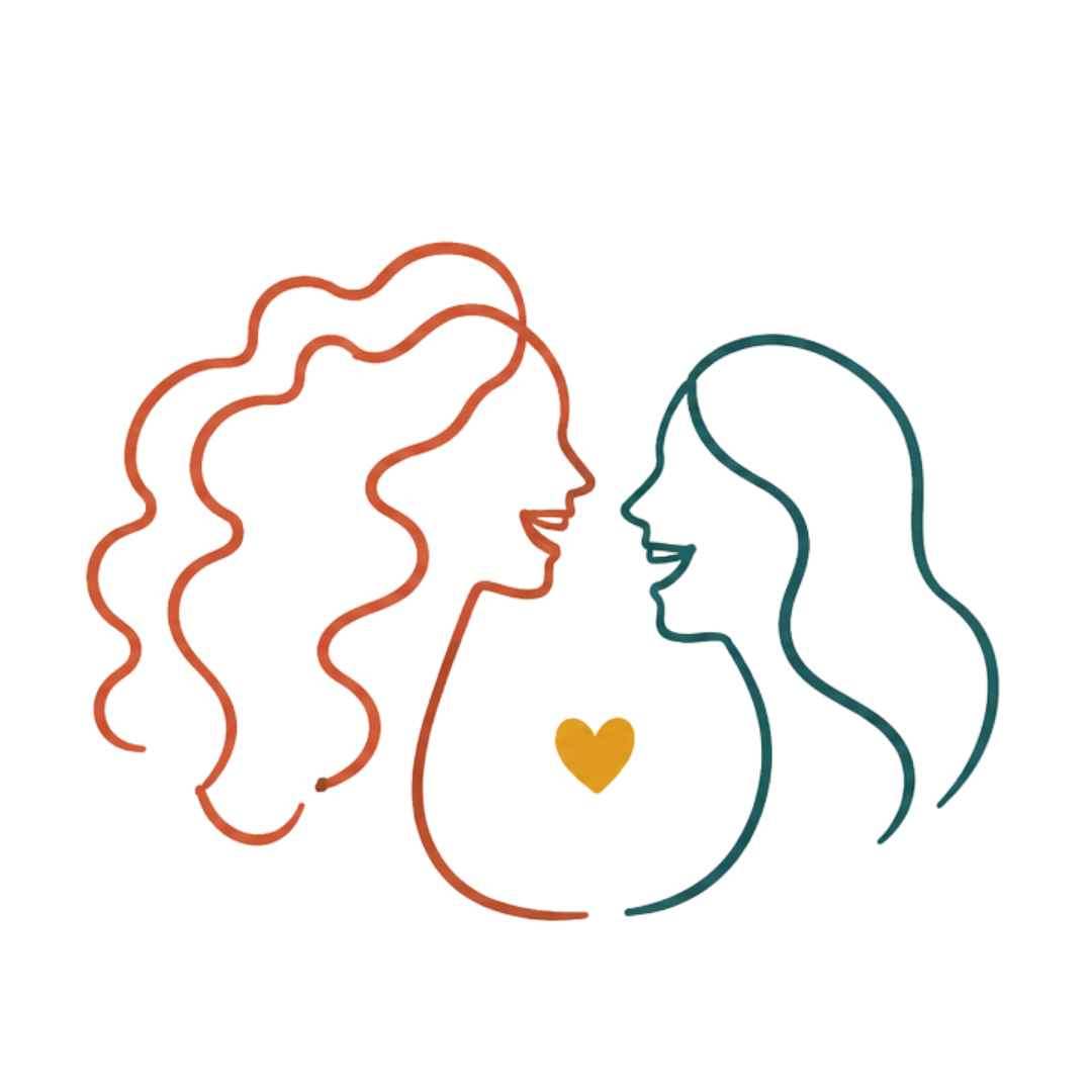 Dos mujeres conversando con un corazón entre ellas